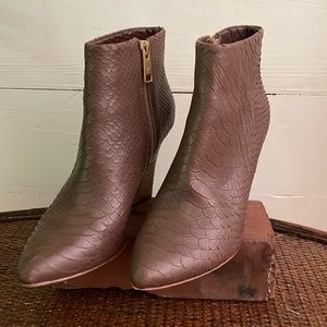 Joie Jolena Snake Embossed Pointy Toe Wedge Bootie, Brown, Size 6.5, Orig. $415